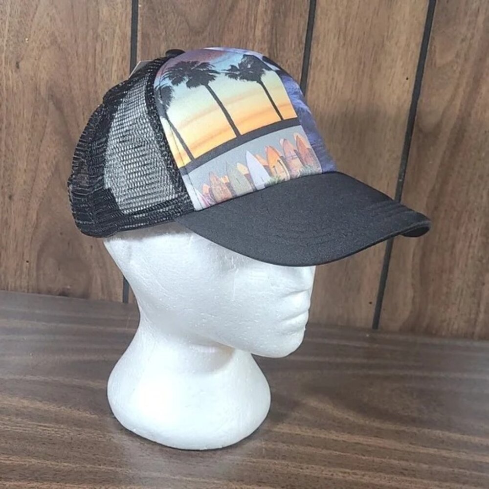 Baseball Hat Black Mesh Backing with Beach Scenery in Front Adjustable NEW
